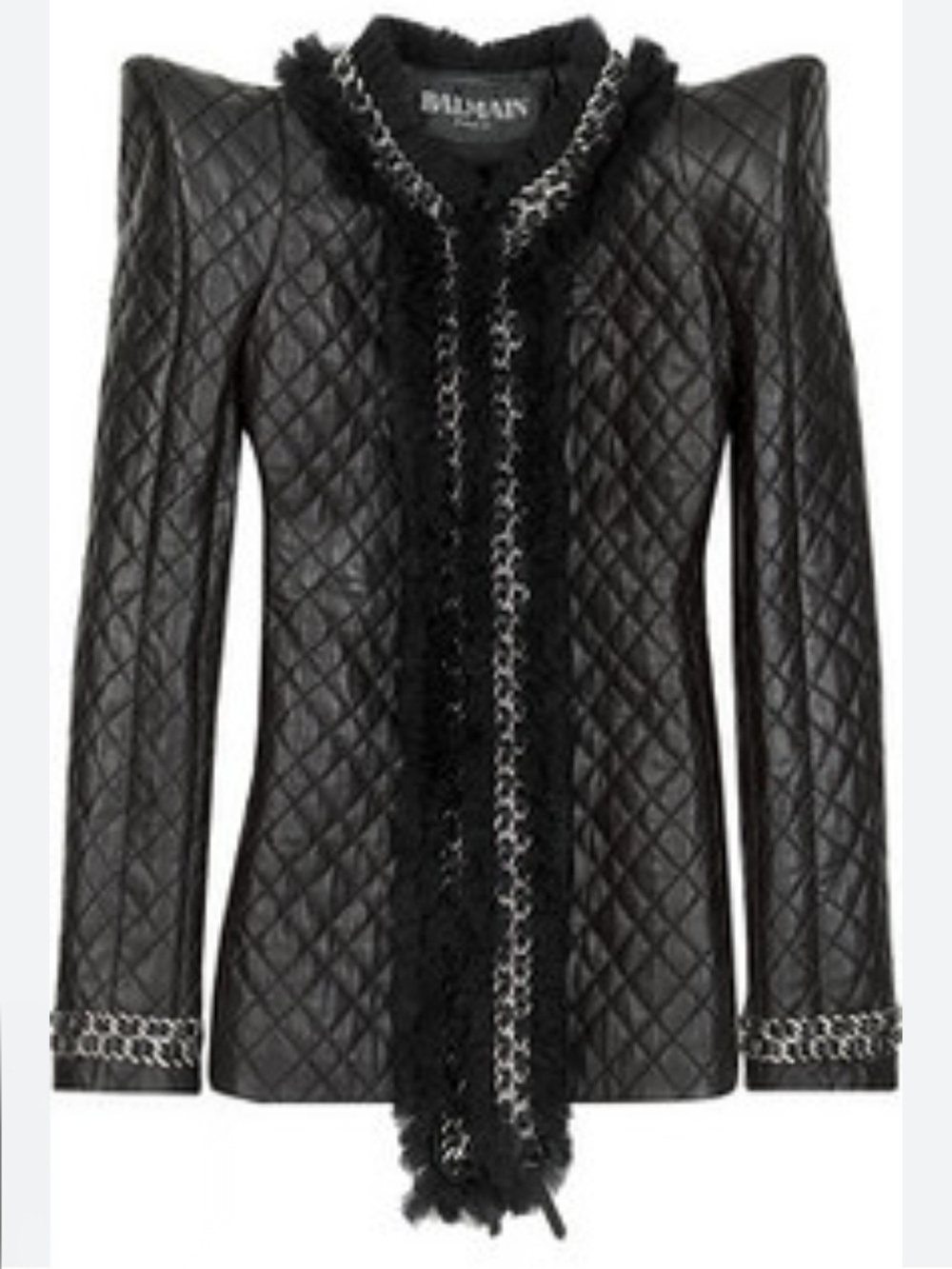 Balmain Black Quilted Leather Blazer with Chain-Trim Fringe